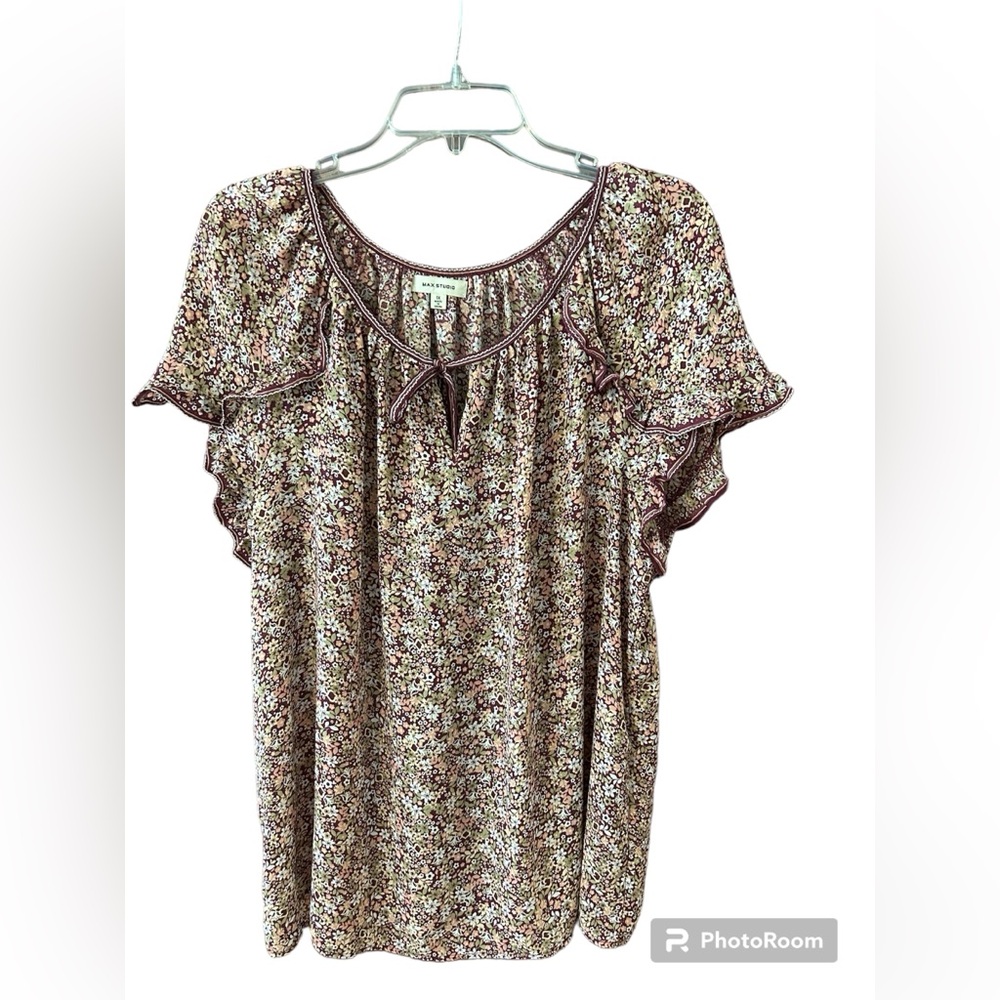 Max Studio Women’s shirt, floral multi with ruffle sleeves and tie neck, 1X - Picture 1 of 6